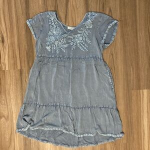 Solitaire | Dresses | Solitaire Women Denim Dress S White Floral Belted Short Sleeve W Pockets